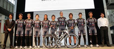 Founder Ukyo Katayama (far right) with team members at February 22 ceremony announcing 2014 team lineup