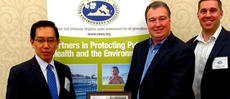 YTMV President Tetsuro Murakami, Director of Environmental Health and Safety Neil Dalton and EHS staff member Christian Yates (left to right) proudly pose with the Environmental Warrior Award