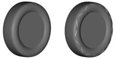 Image of normal tyre (left) and aerodynamic tyre with new fin pattern (right)