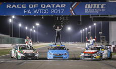 Champion Bjork in the centre flanked by Michelisz on the left 2nd overall and Chilton on the right 3rd overall photo Francois Flamand