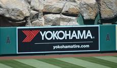 YOKOHAMA's corporate advertising on the wall of Angel Stadium