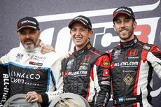 Left to Right Yvan Muller Nestor Girolami and Esteban Guerreri at the WTCR Race of Hungary Podium